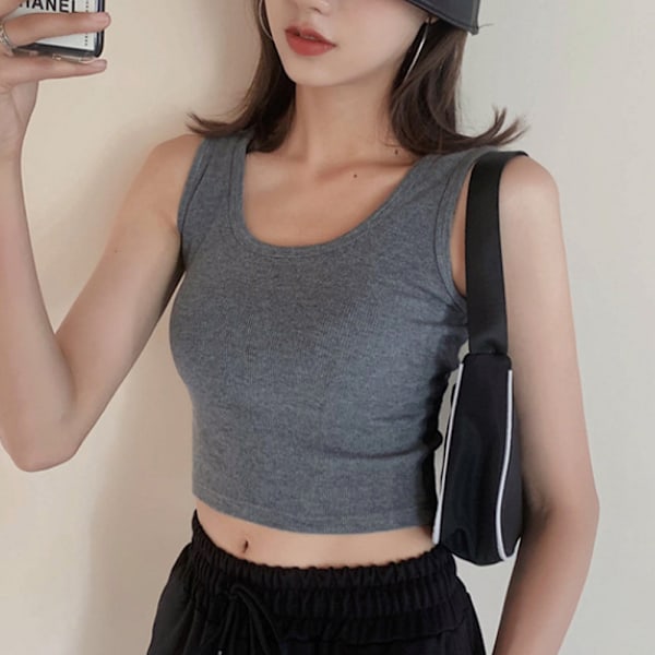 Dam Sleeveless Skjorta Sidokrympt Scoop Neck Basic Crop Tank Top