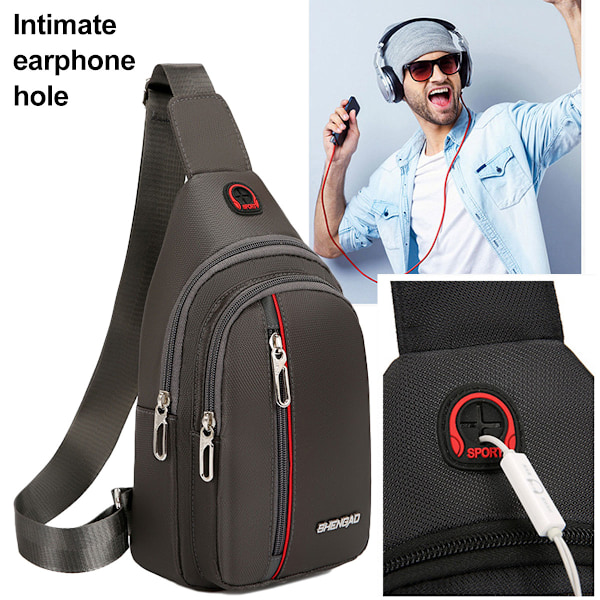 Crossbody taske, brystskulder rejsetaske, afslappet dagstaske, mænd og kvinder, med hovedtelefonstik, vandtæt