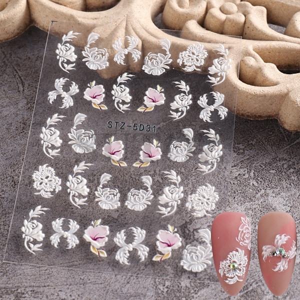 6 st Nagelstickers 5D Tredimensionella Blommor Urskurna Vita Spetsfjärilar Blommor Nageldekor