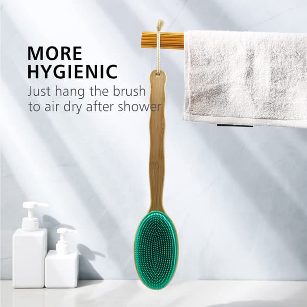 Exfoliating Silicone Back Scrubber with Long Handle, Easy to Clean, Bath Body Brush Lathers Easily, Long-lasting