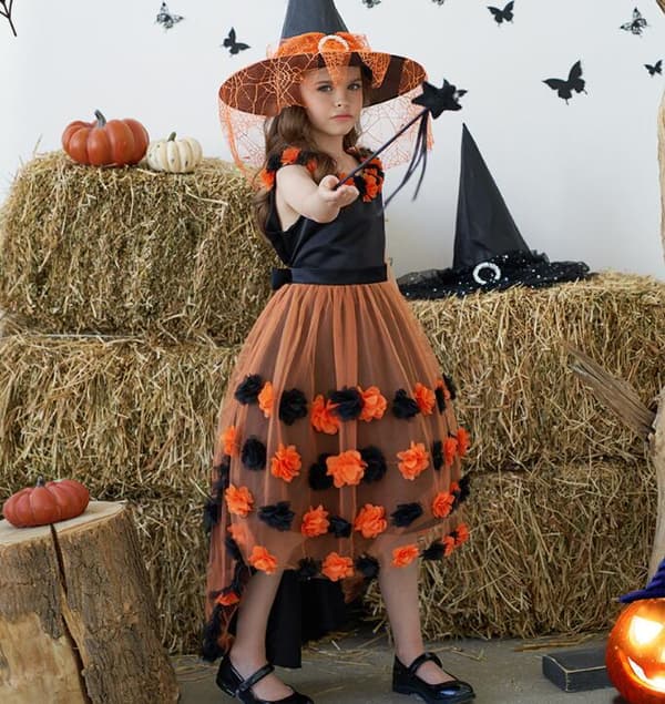 Flickas Blomsterkaka Mesh Släp-Kjol Orange Orange 140CM