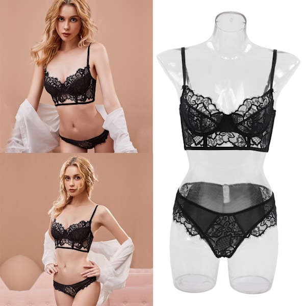 Spetsbh-set Underkläder Blommig Justerbar Rem V-ringad Transparent Bh Trosset för Kvinnor Svart 70B