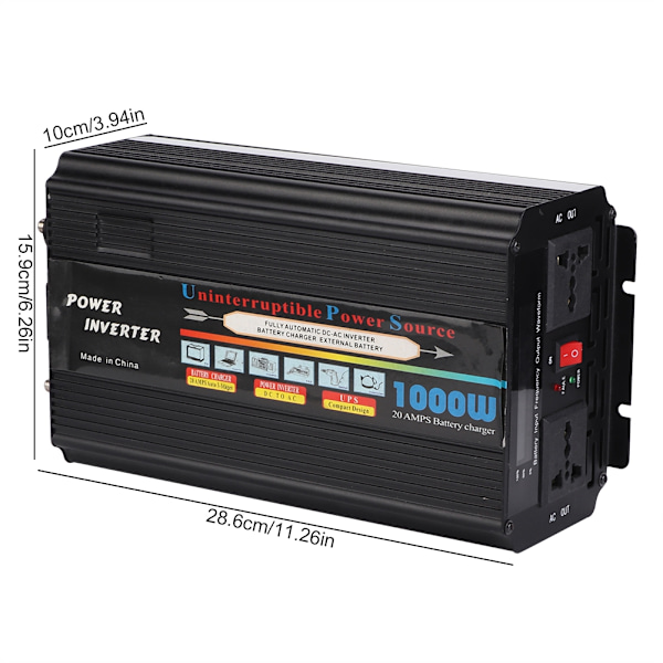 Solcells-inverter DC 12/24V till AC 110V/220V 1000W UPS Modifierad Sinusvågsomvandlare (EU-kontakt)