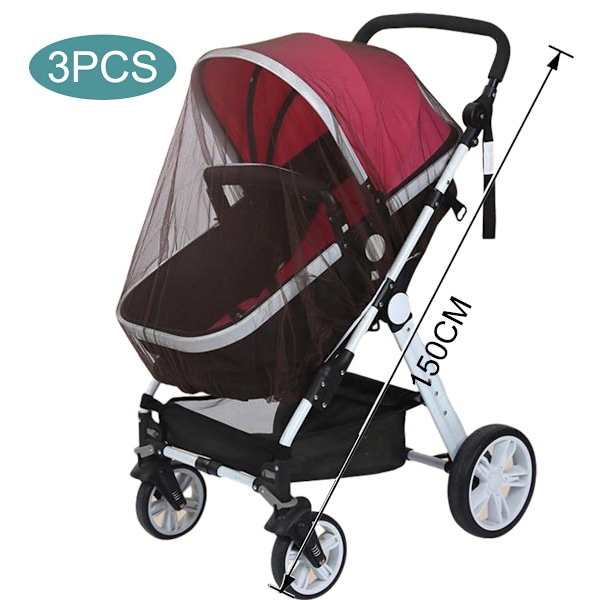 Myggnät för barnvagn - 3-pack Hållbart Myggnät för Barnvagn - Myggnät för Barnvagnar, Vaggor, Spjälsängar, Lekhagar och Bärbara Minispjälsängar