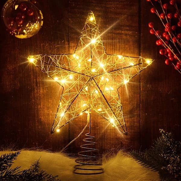 Gylden juletræsstjerne med lys til juletræets top, 20 LED-lys - FM-