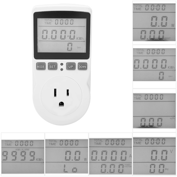 Stikkontakt med LCD-energimåler til spænding, strøm og strømforbrug (90-130V US)