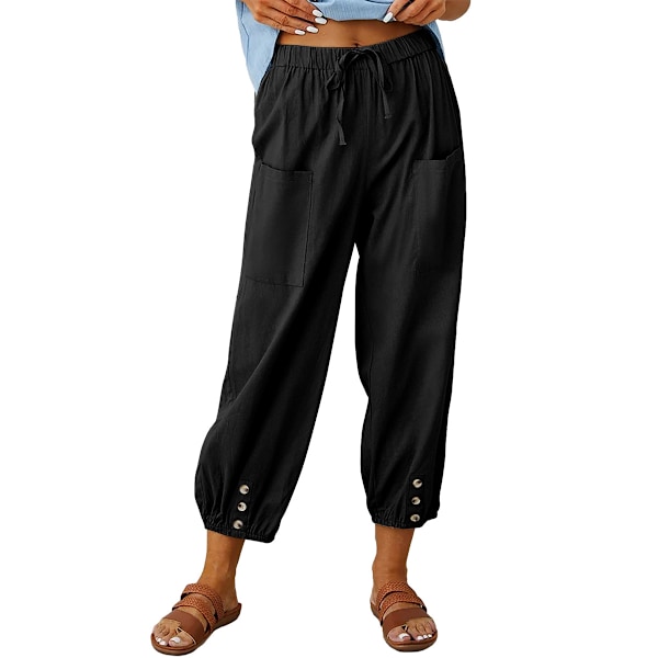 Dam Casual Lantern Tapered Harem Byxor Lösa Passform Linne Ankelbyxor Sommar Baggy Slacks med Fickor