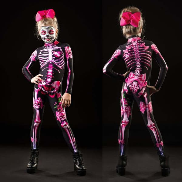 (S Rosa) Halloween skeletkostume til børn og voksne