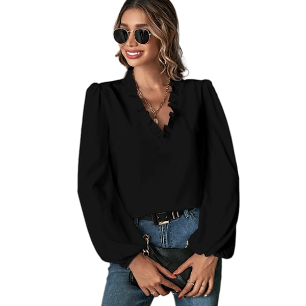 Kvindes Casual Solid Farve V-Hals Langærmet Bluser Boheme Top Ruffle Trim Puff Langærmet Tube Crop Blouse