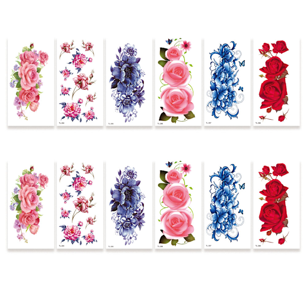 12 Ark Blomster Midlertidige Tatoveringer - Sexy Tatoveringsklistremerke for Kvinner Jenter for Armer Ben Skulder eller Rygg
