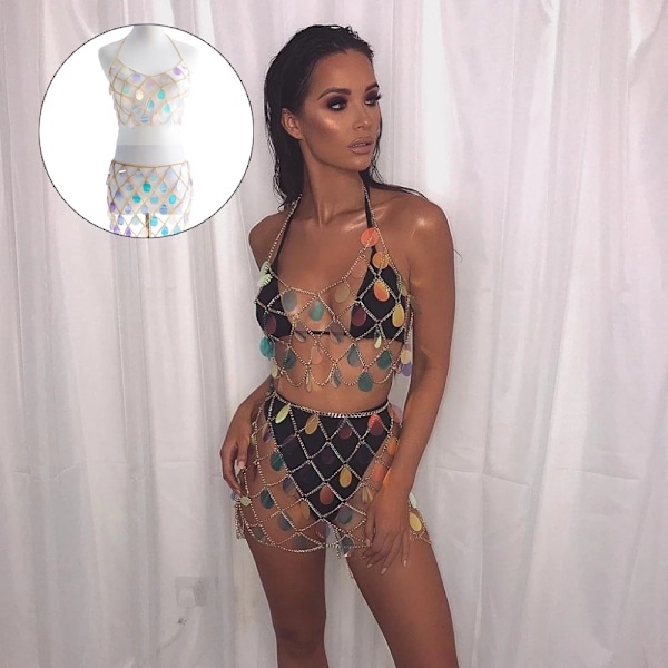 Kropkæde Sexy Bikini BH Krop Halter Rygløs Paljetter Talje Kæde Skørt Strand Krops Tilbehør Smykker