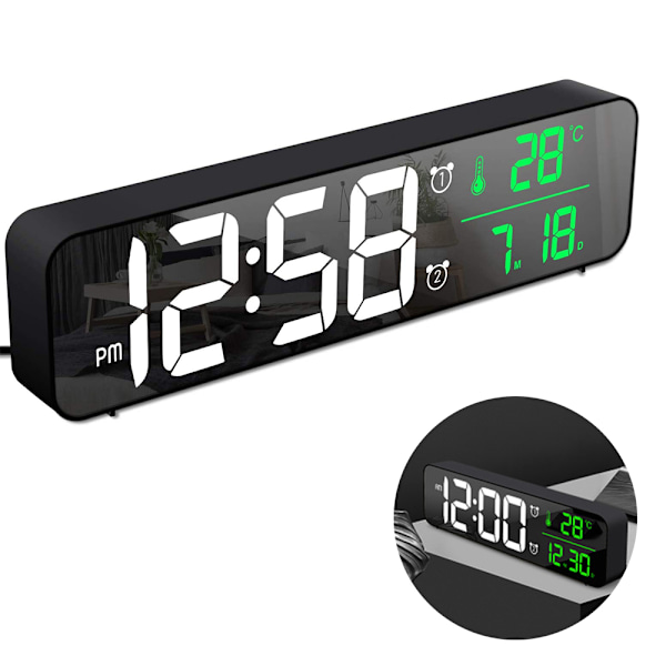 Digital väckarklocka, LED-väckarklocka Digital spegel väggklocka stora siffror bordsklocka med datum temperaturvisning, USB digital väckarklocka