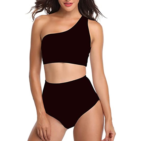 Dame En-Skulder Badedrakt Tankini Høy-Midje Bikinisett 2 Deler Push Up Badetøy - Svart
