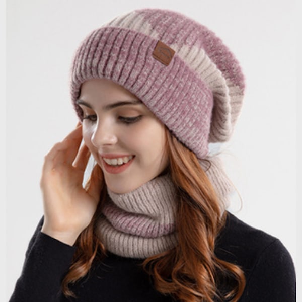 Hatt- och Halsdukssätt för Kvinnor, 2-pack Mjuk Varm Tjock Stickad Mössa och Halsduk, Damernas Mode Vinterhatt