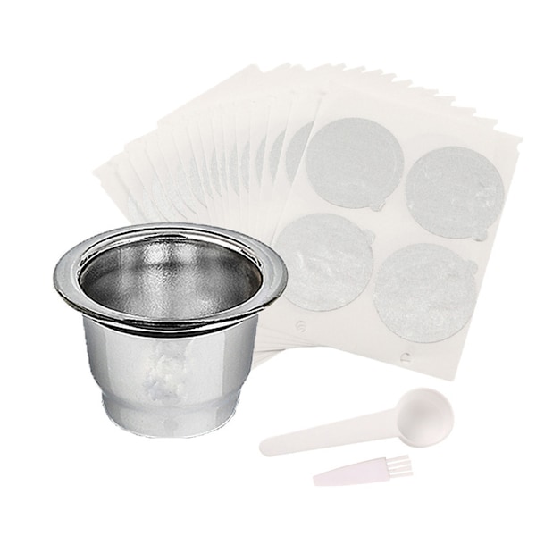 Återanvändbara espressokapslar Återfyllbara pods Koppar i rostfritt stål Filter kompatibla för Nespre Line-maskiner med klistermärken med aluminiumfolieförsegling