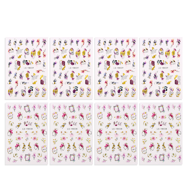 8 st Nagelstickers vår små färska blommor fjäril förgylld urholkad blad Nageldekorationstillbehör