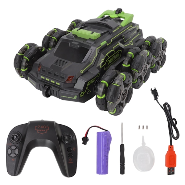 Geststyrnings-RC-bil med 6 hjulsdrift, 360 graders roterande svängarm, 2.4G RC-stuntbil med ljusspraymusik, grön