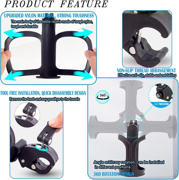 Universal Bicycle Cup Holder, 2 Pcs 360° Rotatable Large Caliber Cup Holder for Bicycle, Stroller, Wheelchair, Walker and Scooter, One-Click Lock System