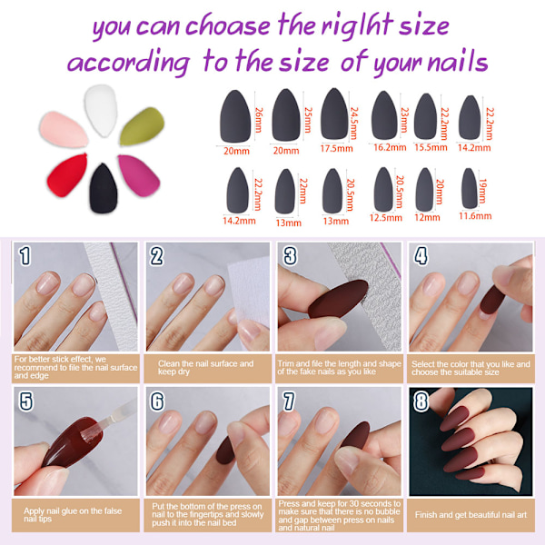 12 set Falska Naglar Medium Almond, Matt Medium Almond Falska Naglar Full Cover för Nagelkonst DIY