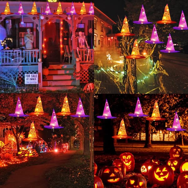 wxsp 8 Pcs Hanging Witch Hat String Lights, Waterproof Halloween Decorations with Remote Control for Outdoor Garden Party Carnival Supplies