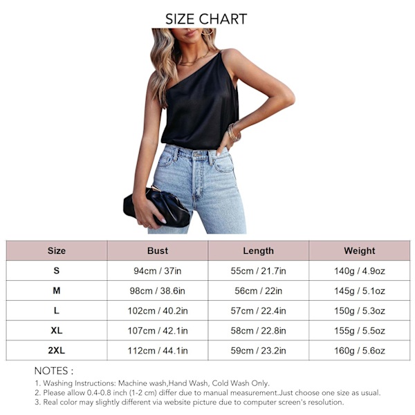 Dam Satin Tank Top Enkelsidig Ren Färg Lös Passform Sommar Ärmlös Väst Svart M