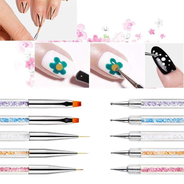 5 st Nail Art Liner Borstar, Nail Art Point Drill Ritning Pensel Penna Dubbla ände Dotting Tools Set, Dubbel ände målning Nail Design Pensel Pen Inkluderar