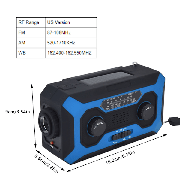 Håndsveiv Nød Væradio AM/FM Bytte Batteriindikator Lommelykt Solcelle Power Bank for Utendørs Camping Blå US Versjon