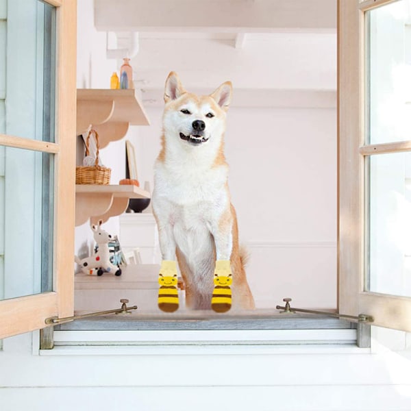 Hundesokker med sklisikker såle - Pet-sokker med gummiarmering, strikkede sokker for hunder med grep, potebeskyttelse for innendørs bruk, 4 stk