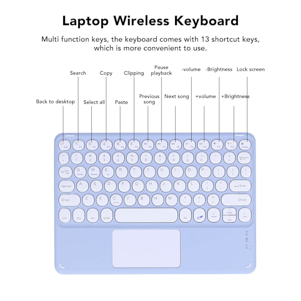 Trådlöst tangentbord med rundade tangenter Ergonomisk design Ultratunt Smart Touch Trådlöst tangentbord för surfplattor Bärbara datorer Lila