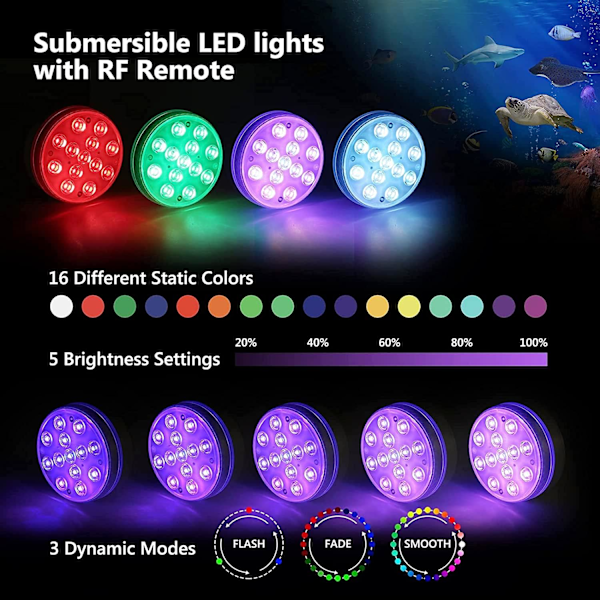 Nedsänkbar LED-lampa, 2 delar 13 LED-lampor Flerfärgade poollampor med fjärrkontroll Undervattenslampor Belysning IP68 Badkarslampor för