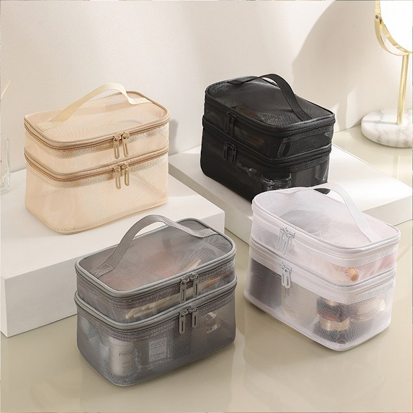 Dobbeltlags Makeuptaske, Stor Mesh Rejsende Kosmetikpung med Dobbelt Lynlås, Vertikal Makeuptaske, Multifunktionel Toilettaske