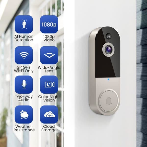 Wireless 1080p Wi-Fi Doorbell Camera – AI Detection, Night Vision, Two-Way Audio, Battery Powered