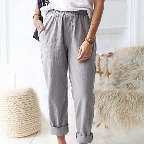 Dame Straight Benbukser Elastisk Talje Casual Bukser med Lommer