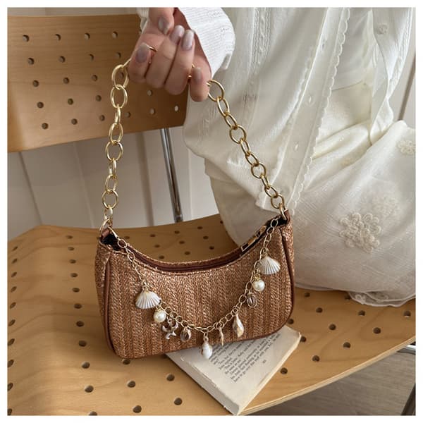 Casual Style Straw Shoulder Bag with Shell Embellished Chain and Shoulder Strap