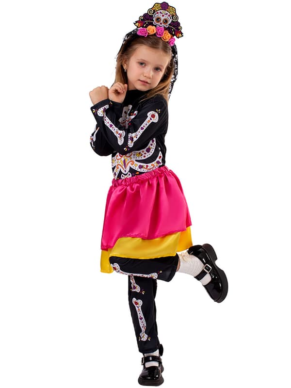 Halloween-kostume med blomstret skelet til piger S