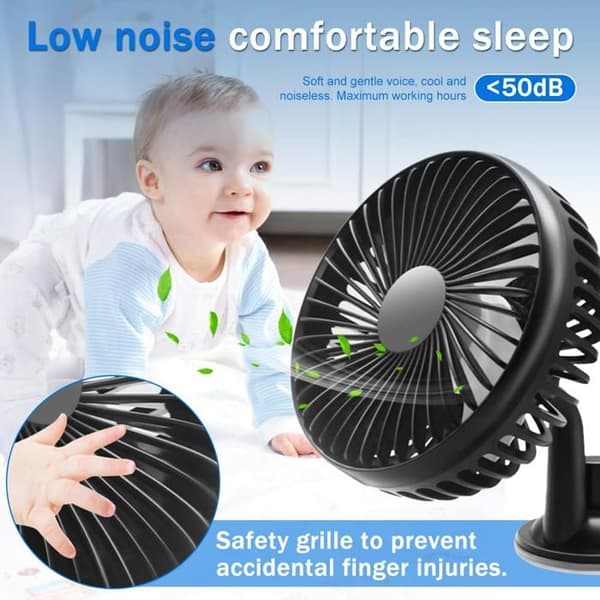 USB-bilventilator med sugekop, 12V/24V bærbar ventilator, tre hastigheder, egnet til instrumentbrætter.