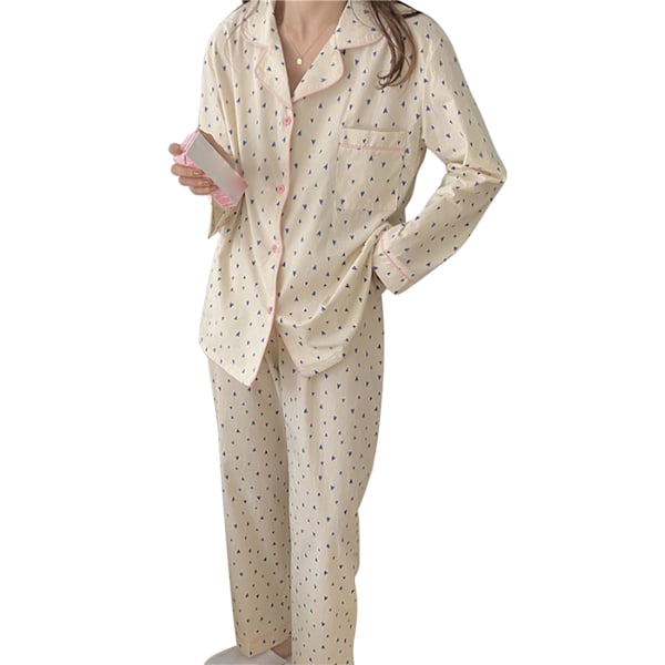 Dam Pyjamas med Långärmad 2-Delad Casual Söt Bekväm Knapp-Ner Nattkläder för Studenter Vår Höst Blå Kärlek XL