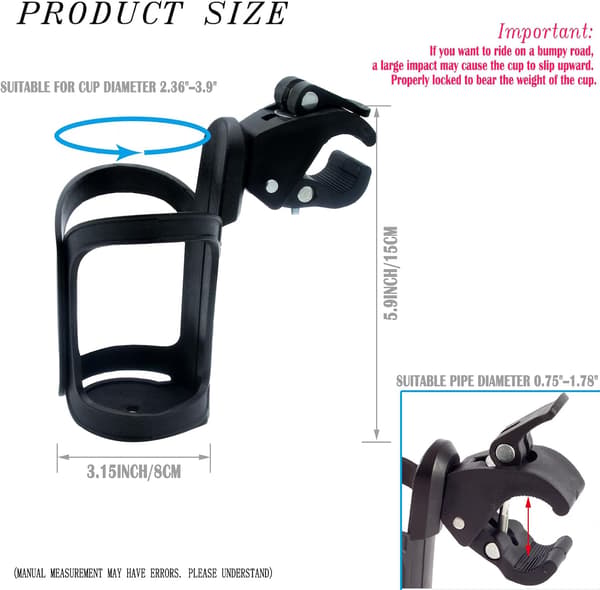 Universal Bicycle Cup Holder, 2 Pcs 360° Rotatable Large Caliber Cup Holder for Bicycle, Stroller, Wheelchair, Walker and Scooter, One-Click Lock System