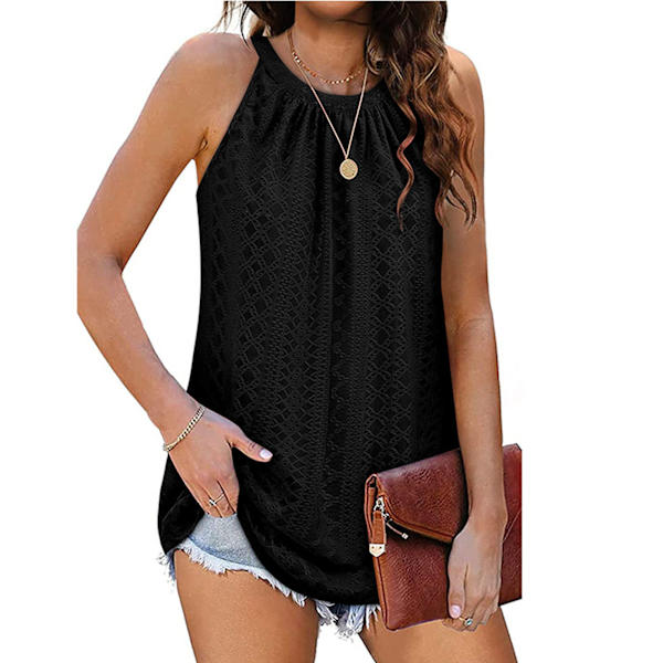 Tanktopp med rund hals, veckad, enfärgad, ärmlös, för kvinnor, sommar, svart, XL