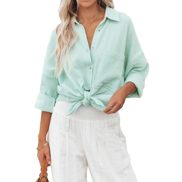 Kvinnors Knapp-Ner Långärmad Skjorta Mode Casual Lös Nedåtvänd Krage Ren Färg Dam V-Hals Långärmad Blus Mintgrön XL