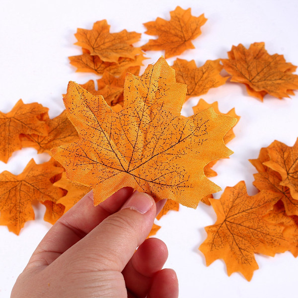 100PCS Artificial Fall Autumn Maple Leaves Ployester Simulation Plant Decoration Yellow