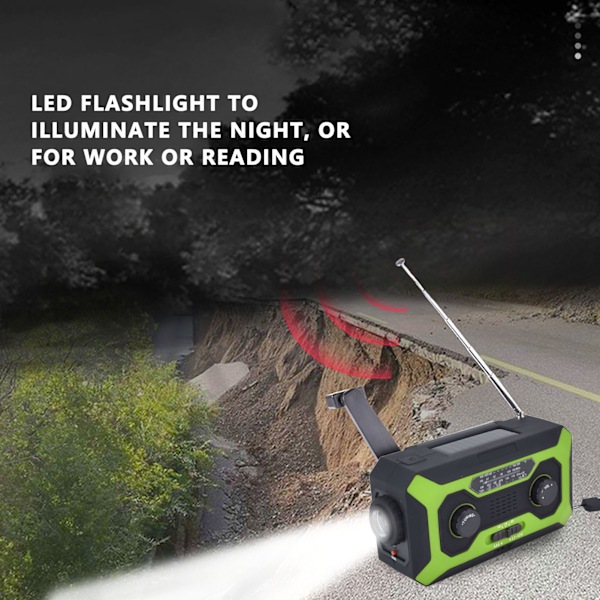 Handvevad Nödradio AM/FM Växling Batteriindikator Ficklampa Solcellsladdare för Utomhuscamping Grön US-version