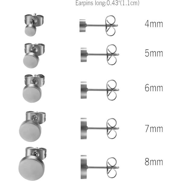 Smycken 5 Par Stud Set, Rostfritt Stål Platta Runda Polerade Örhängen Örhängen för Kvinnor & Män, Silver / Guld / Svart