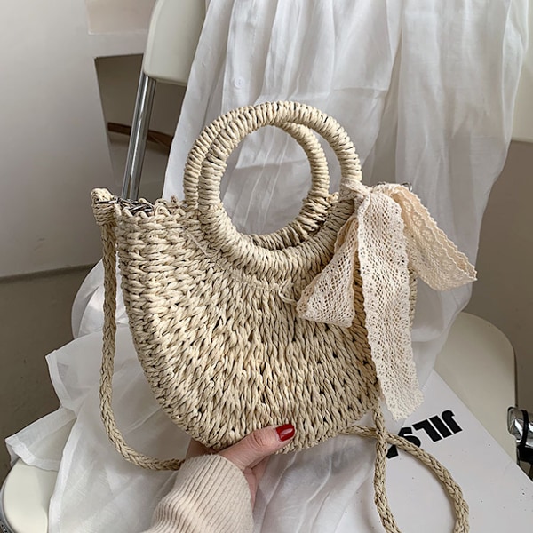 Strohstrandveske for kvinner, vevd crossbody-skulderveske, topphåndtak, satchel-håndveske, lommebok for sommeren