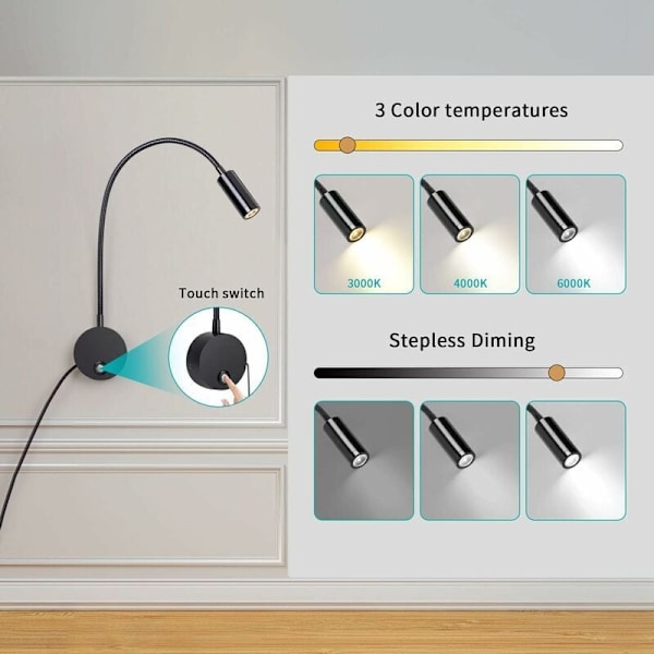 Vägglampa, LED-sänglampa, dimbar touch-omkopplare, USB-laddningsport, 3W, 360° vridbar, stickpropp, kabel, sovrum, 3000-6000K, svart