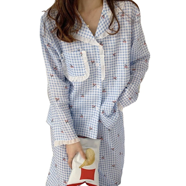 Pyjamas Set Söt Körsbärsmönster Prickig Långärmad Öppen Framvid Lös Sovset Nattkläder Blå M för 40-50kg
