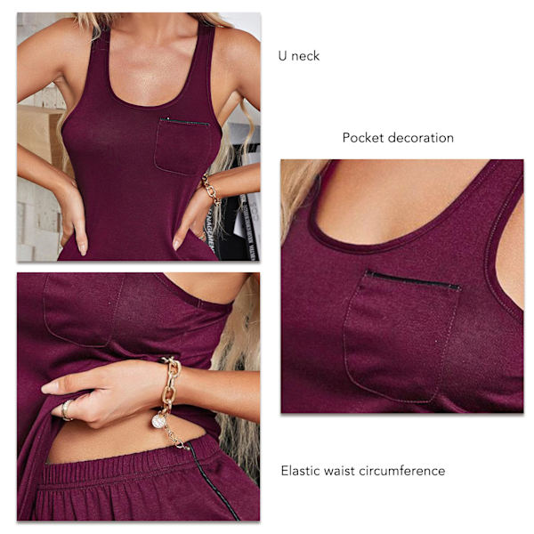 Ärmlös Pyjamas Set I-Formad Rygg U-Ringad Framficka Elastisk Midja Ärmlös Nattkläder Kit Mörkröd XL