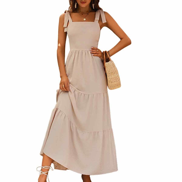 Sommer Boho Spaghettirem Square Neck Solid Farve Ruffle A-Linje Strand Lang Kjole til Kvinder