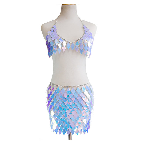 Pailjett-prydda fransar, kroppskedja, outfit, bh, kjol, bikini, rave, festival, fest, strandmode, accessoarer