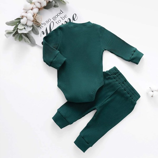 Nyfødt Baby Ribbet Strikket Bomuld Langærmet Romper Lange Bukser Ensfarvet Outfit (grøn)